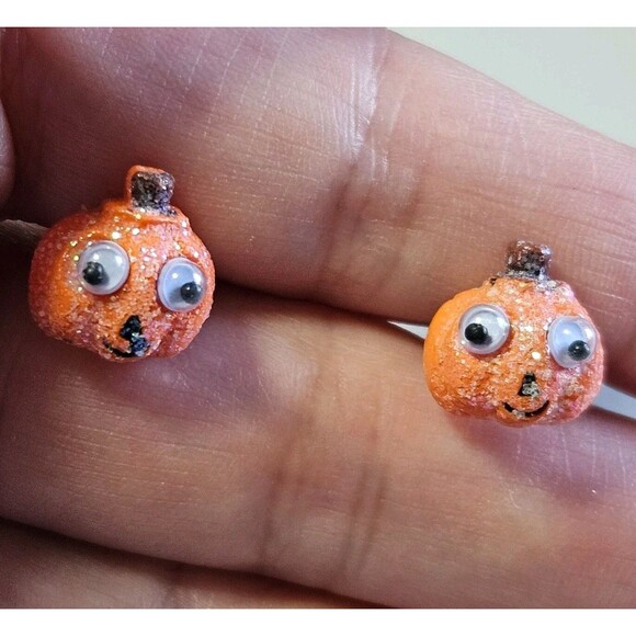 Sparkly Orange Halloween Pumpkin Googly Eye Earrings Tiny Festive - Picture 2 of 8